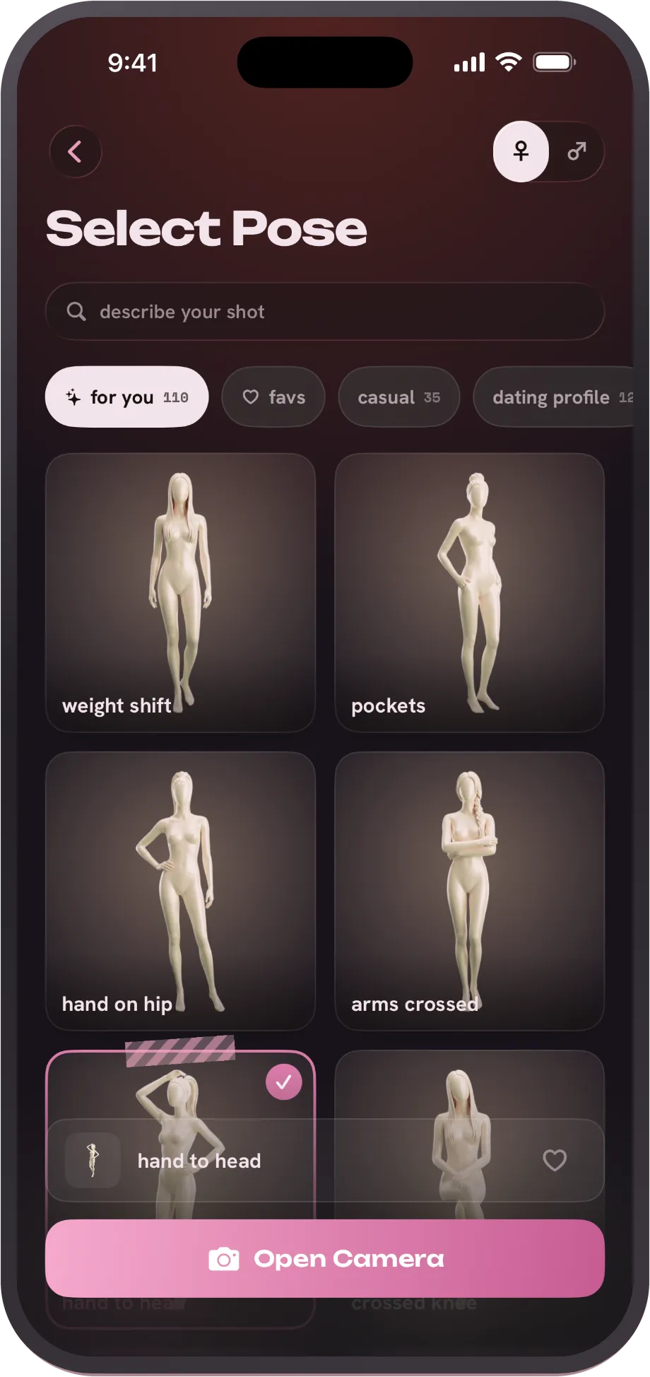 PosePal's pose library on iPhone, with 330+ pose guides