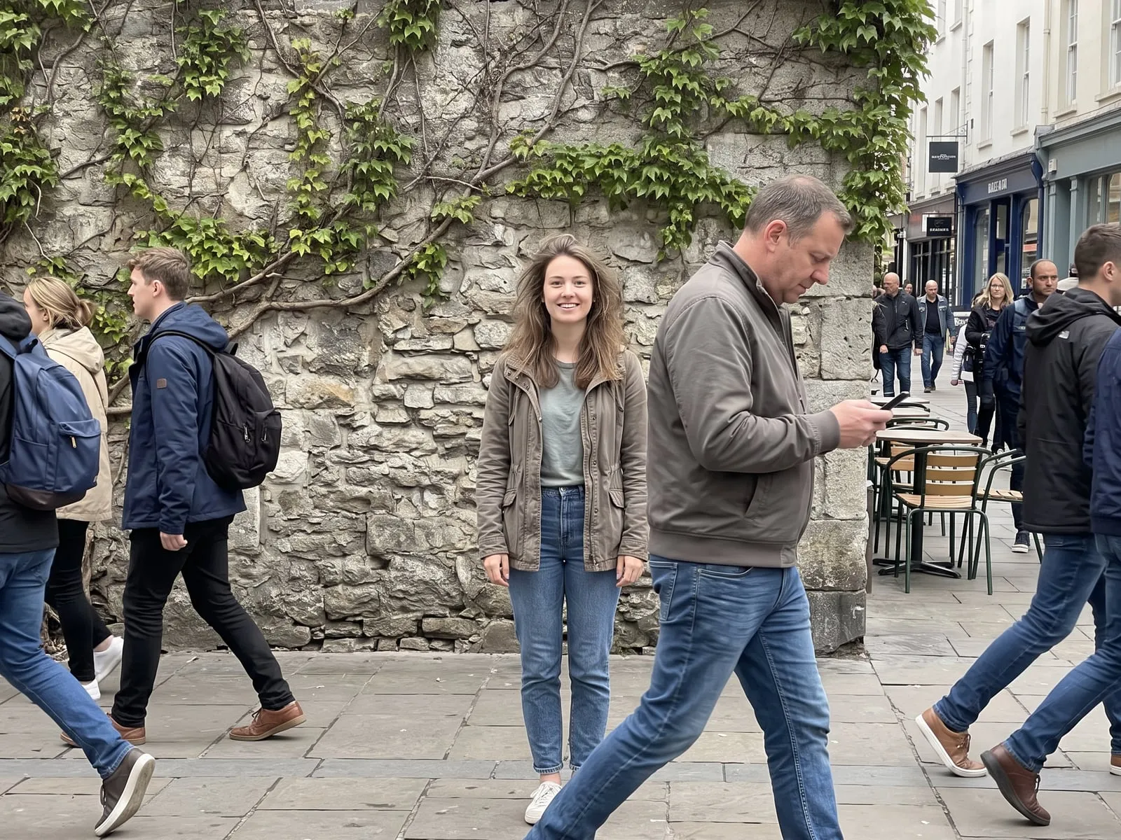 A man looking at his phone walks right through a photo of a smiling young woman standing in front of an ivy-covered stone wall