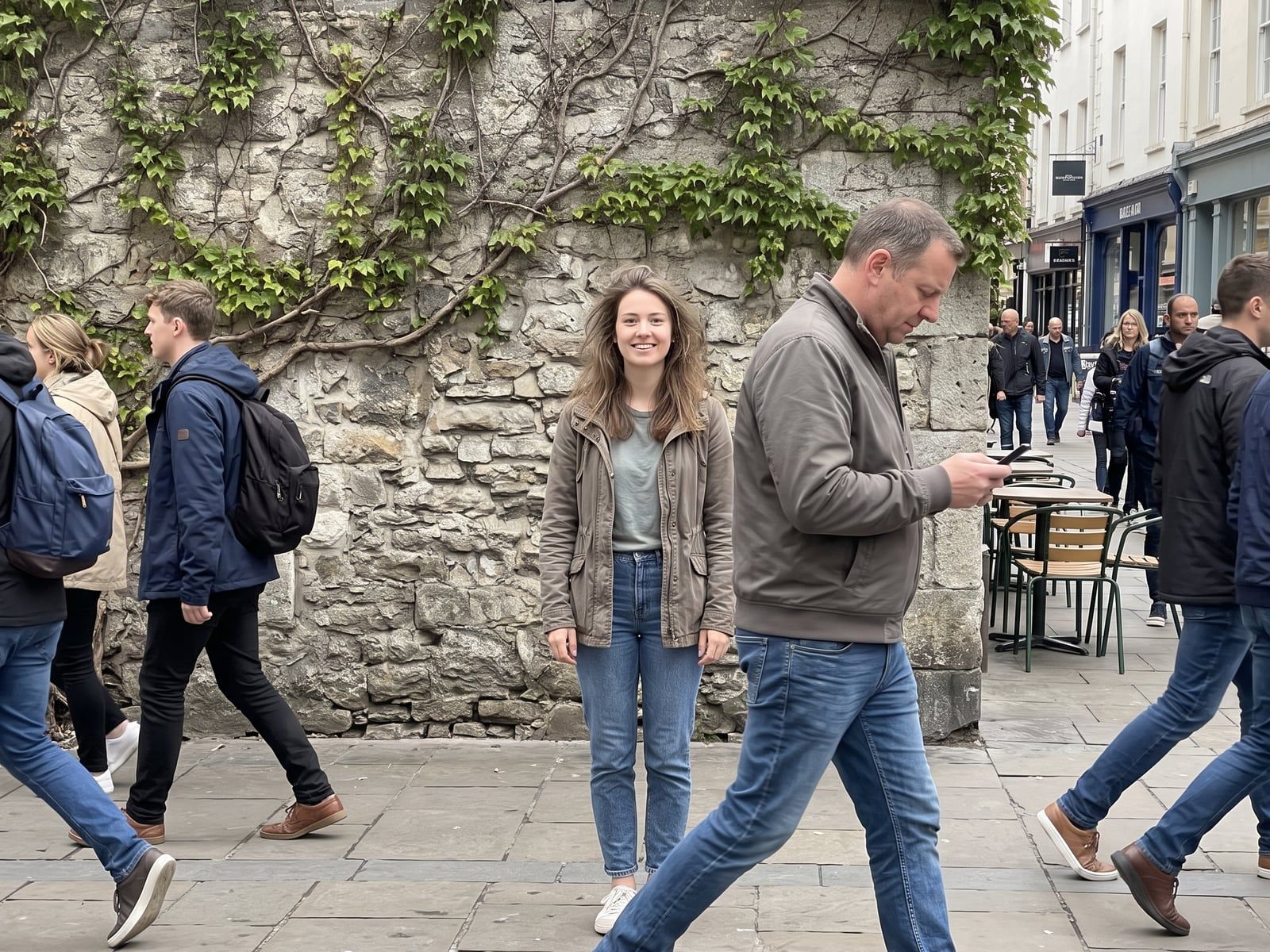 A man looking at his phone walks right through a photo of a smiling young woman standing in front of an ivy-covered stone wall